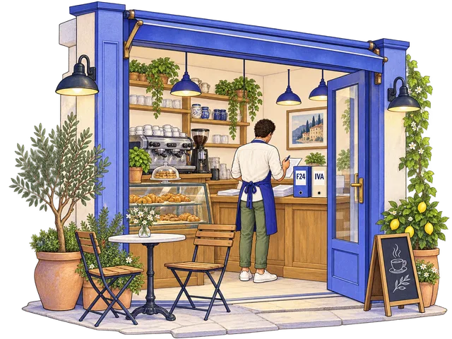 Un barista organizza i documenti IVA e F24 nel suo locale.
