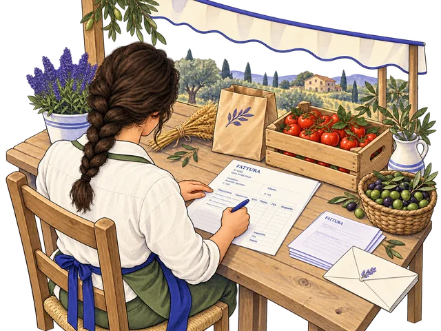 Una produttrice agricola prepara le fatture al banco del mercato.