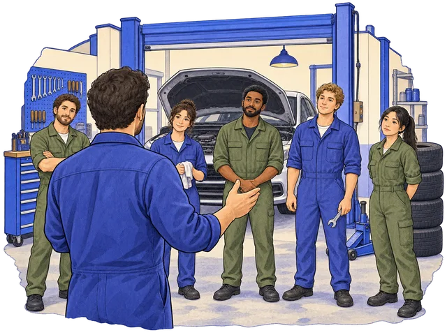 Il titolare di un’officina incontra la sua squadra di meccanici.